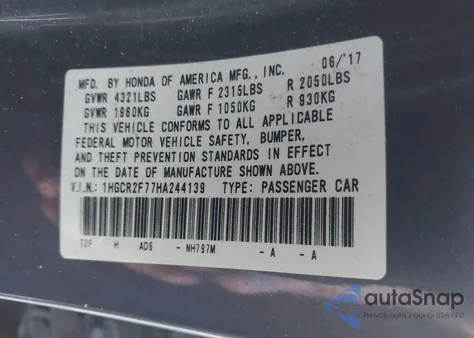 2017 Honda Accord Ex z USA, uszkodzony, nr VIN 1HGCR2F77HA244139